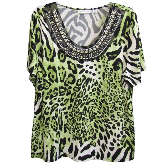 Susan Graver Liquid Knit U Neck Top Bead & Shell Trim Women Size XL Animal Print - Picture 1 of 10